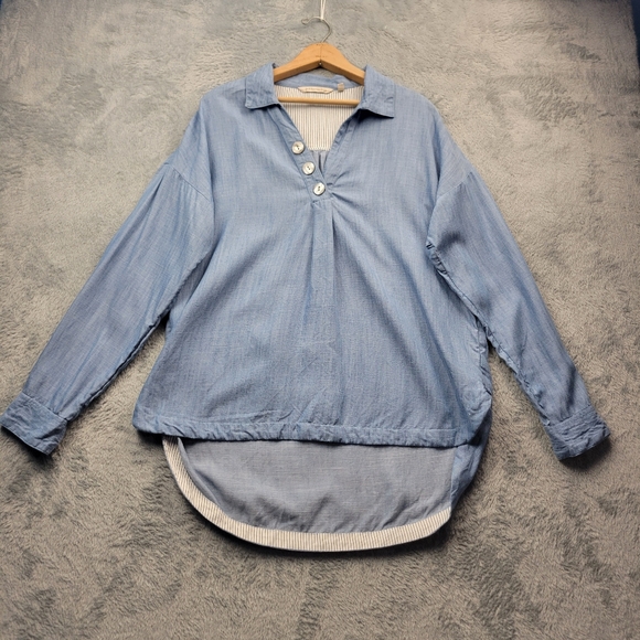 Soft Surroundings Womens Blouse Size Medium Chambray Lagenlook Boho Chic Tencel - Picture 1 of 12
